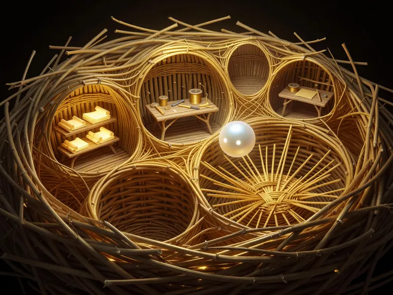 A large woven nest seen in cross-section, its rooms lit from inside: shelves of documents, a workbench, a room still being woven, and the glowing orb at work between them.