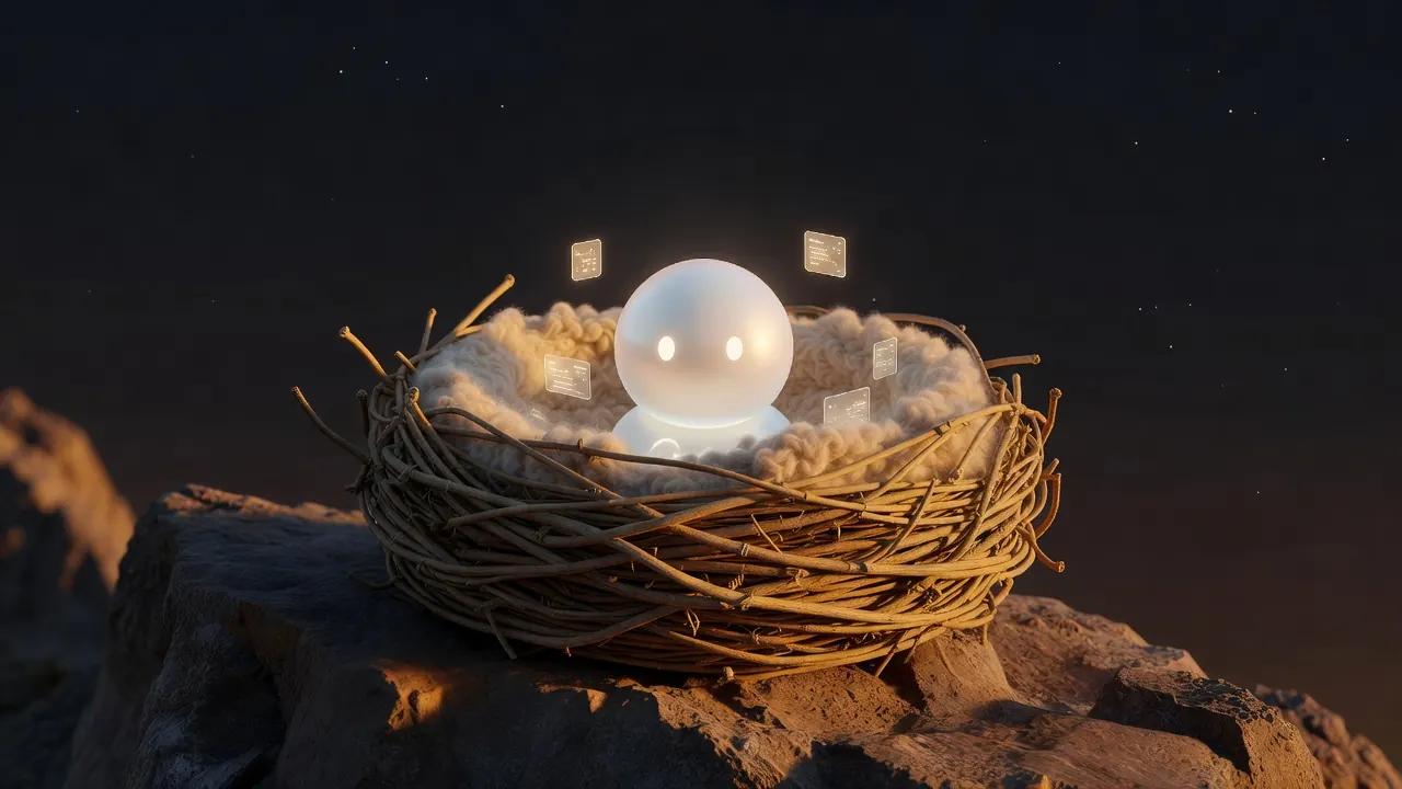 A small glowing orb with two calm eyes sits in a woven nest on a mountain ledge at dusk, small panels of light floating around it.