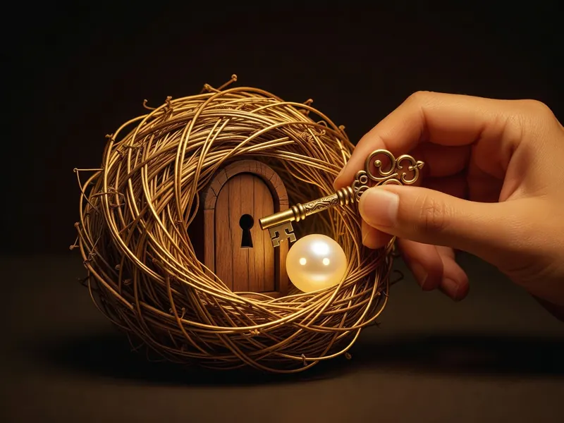 A hand holds a brass key to the small wooden door of a woven nest, a glowing orb resting inside.
